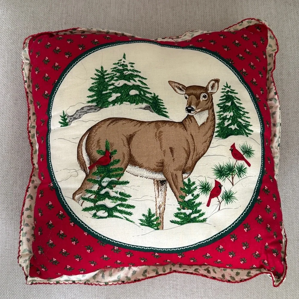 Vintage Quilted Deer Buck Cardinals Throw Holiday Pillows Set of 2